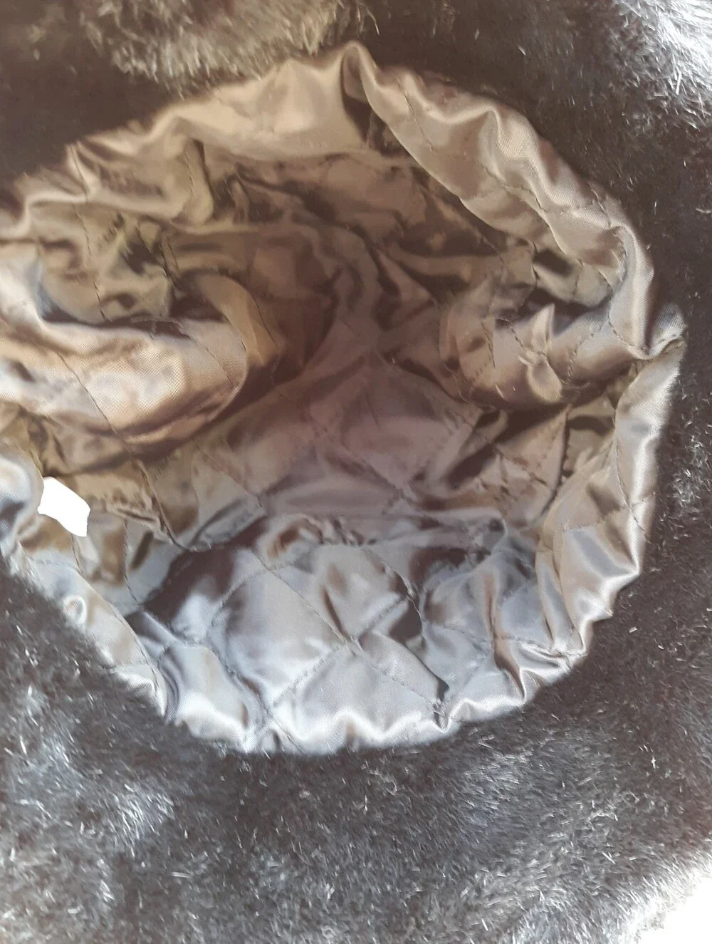Vintage Style Black Faux Fur Bucket Hat Quilted Silk Feel Lining One Size
